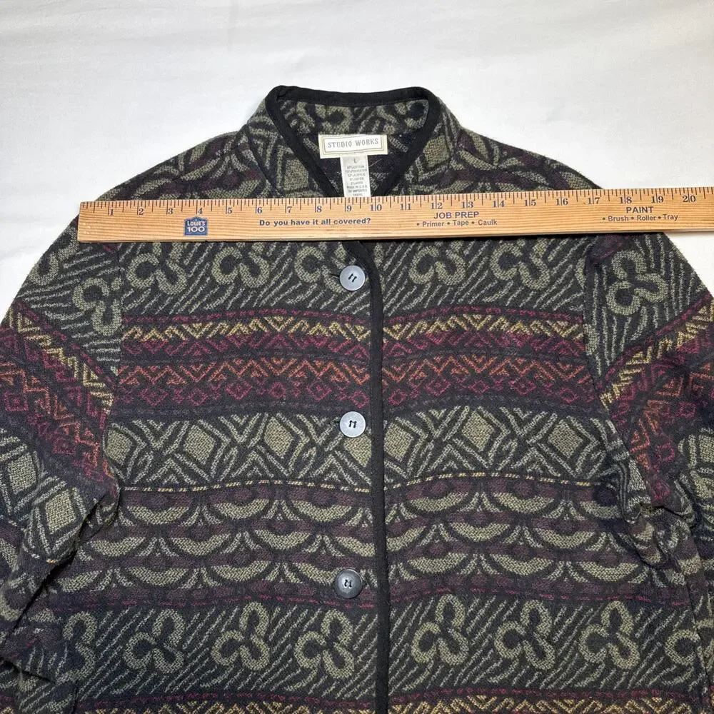 VTG Studio Works Womens Lg Knit Blazer Cardigan Southwestern Boho Aztec EUC